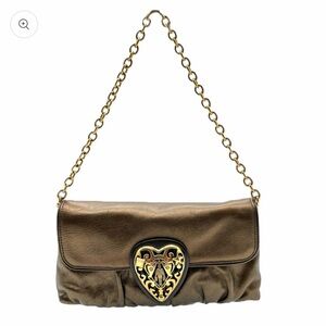 AUTH Rare Gucci Vintage Y2K Metallic Leather F/W 2008 Heart Logo Bag Gold Chain